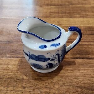 Vintage Delft Blue and White Ceramic Pitcher Windmill Scene